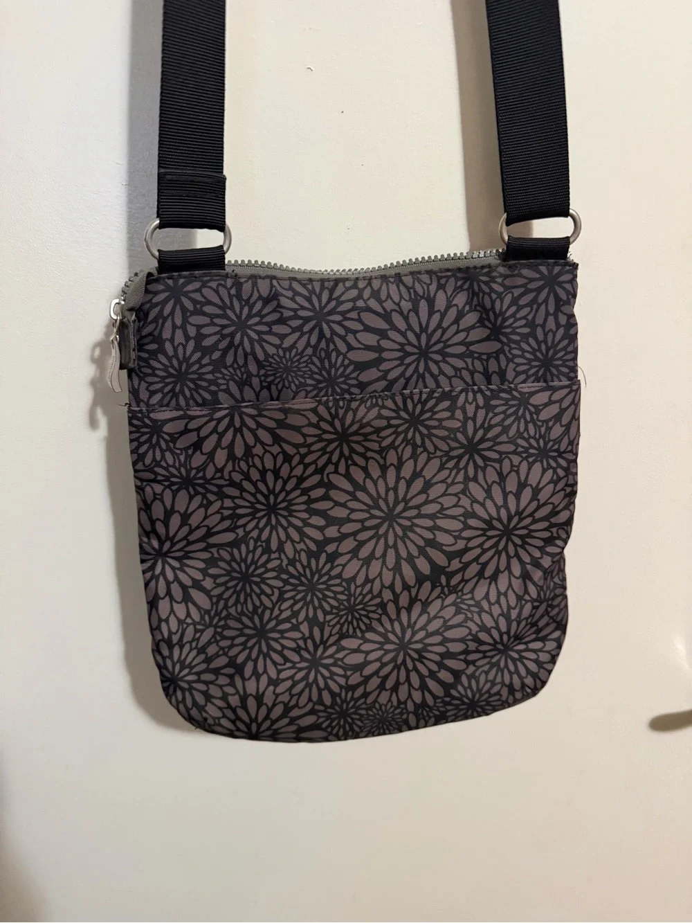 Baggallini Black & Gray Floral Crossbody with Pink Zip Accents